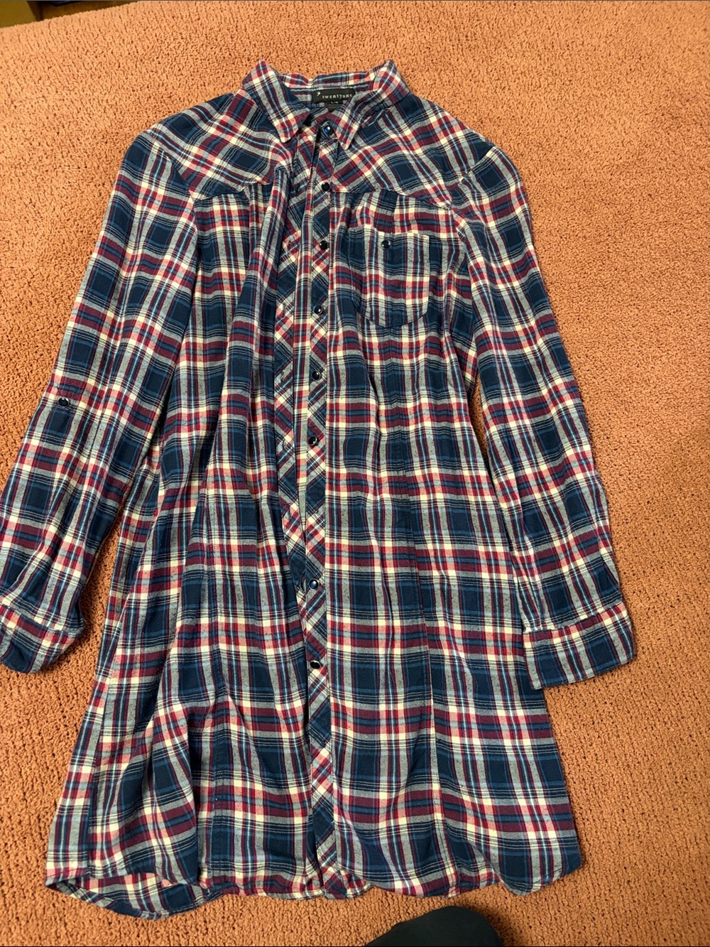 Forever 21 Navy, Red and White Plaid Button-Front Dress
